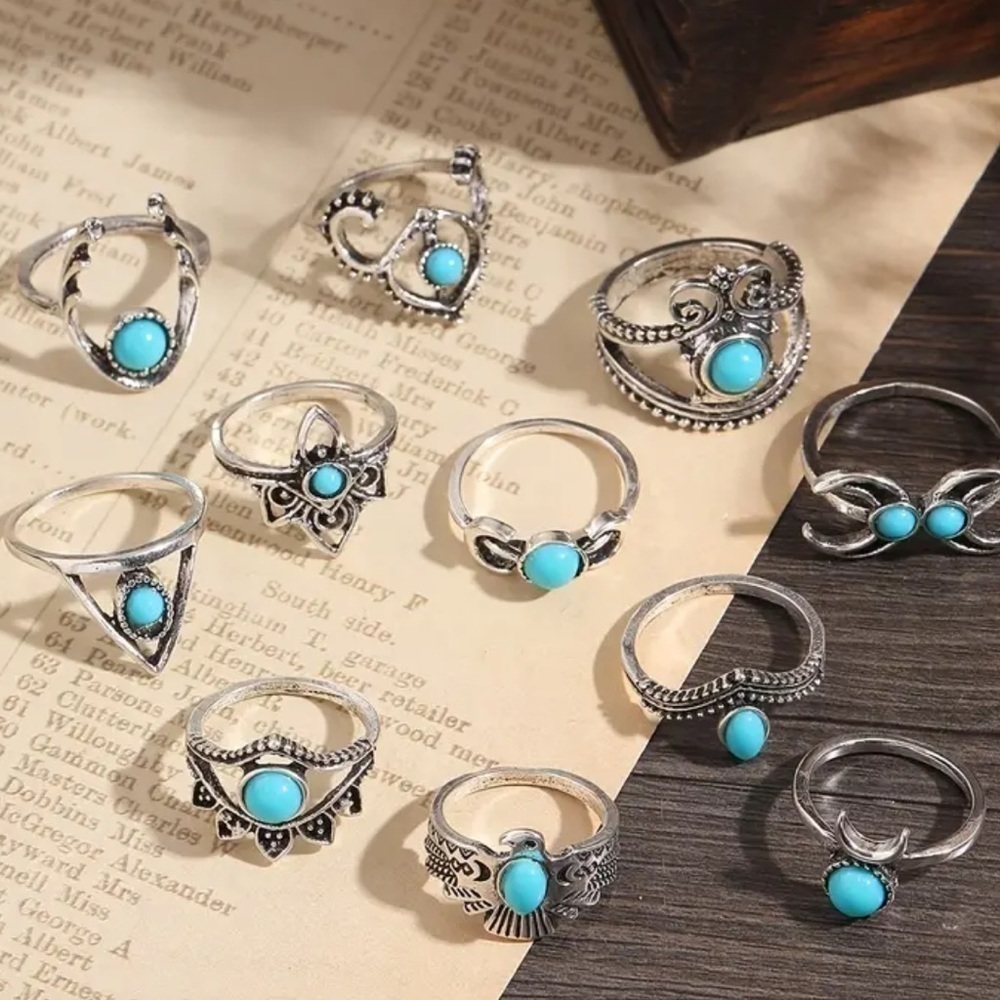NEW TURQUOISE STACK BOHO VINTAGE STYLE RING SET